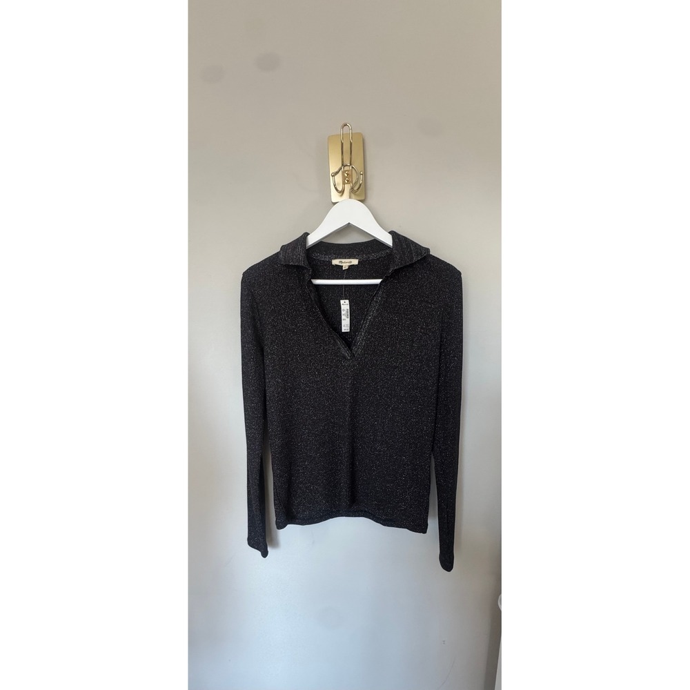 Madewell‎ Shimmer Metallic Polo Top Black Long Sleeve V-Neck XL NEW